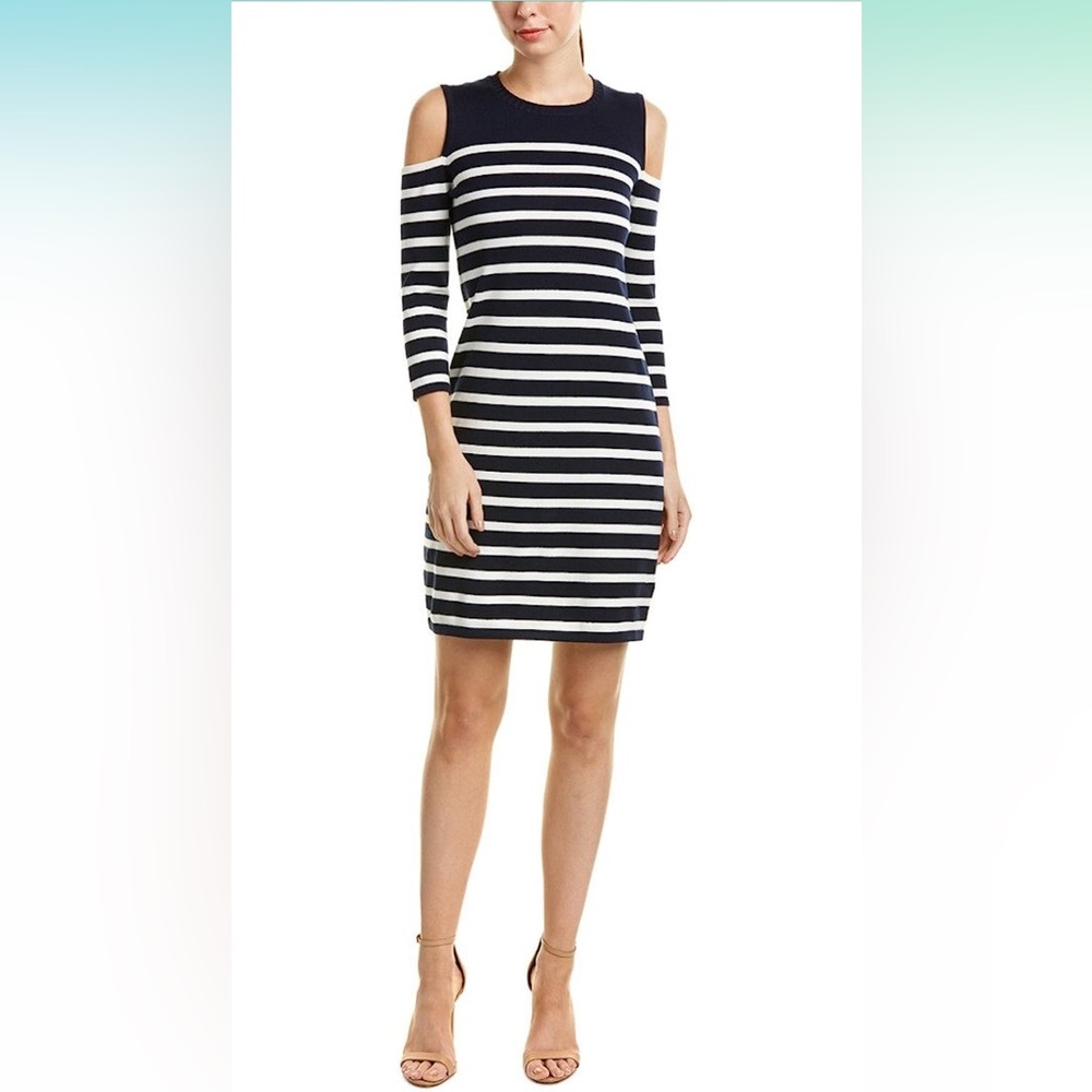 Trina Turk Navy and White Striped Cold-Shoulder Knit Dress